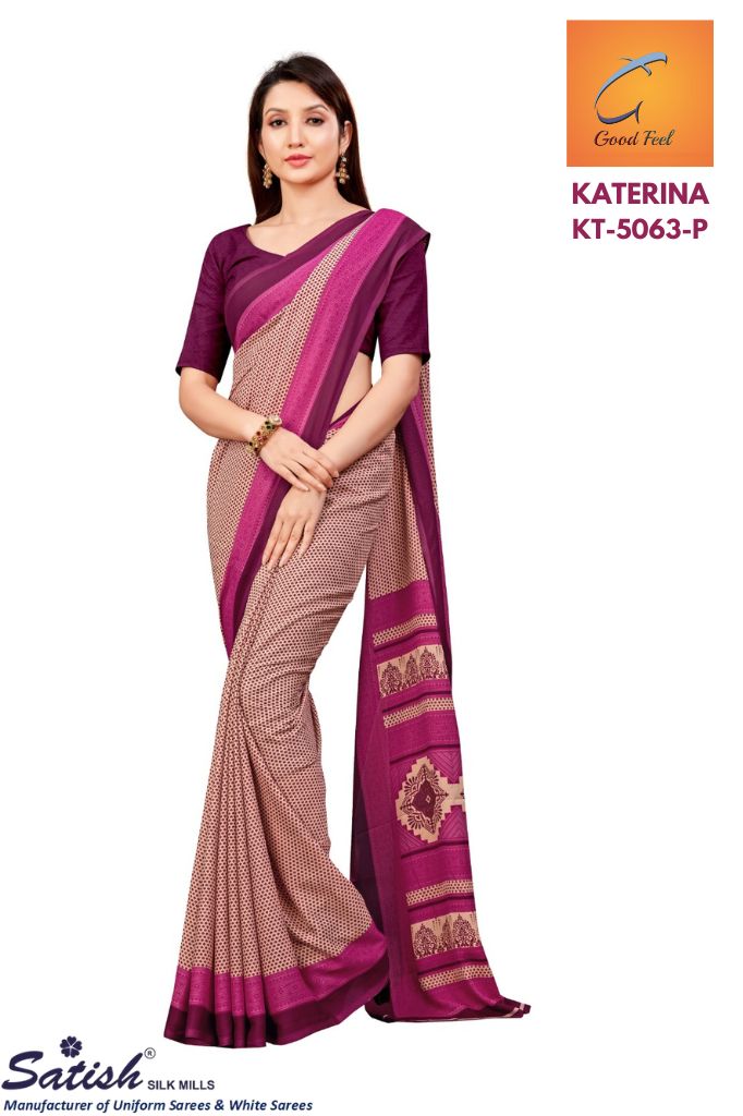 Calico Printed Pink Matt Crepe Uniform Sarees