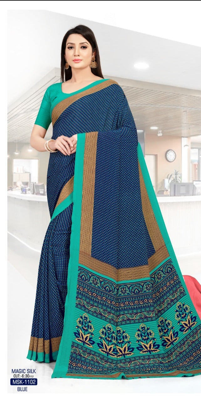 Crepe Silk BLUE Printed Uniform Saree