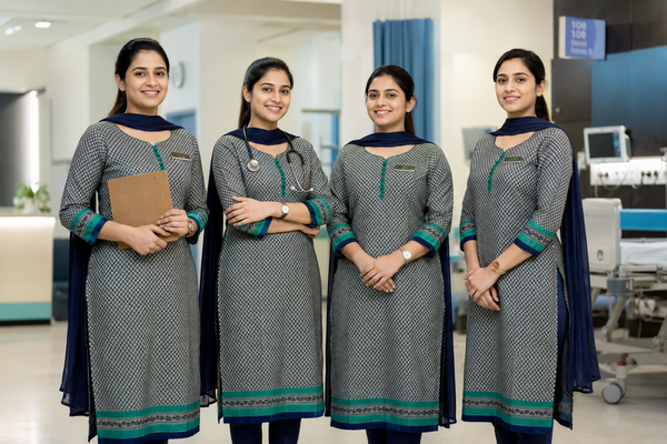 Group of professional female nurses wearing grey and blue uniform dress in hospital, premium healthcare staff uniform design by Satish Silk Mills”