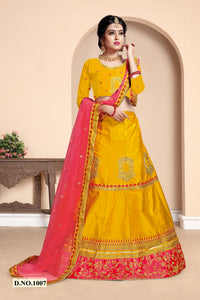 Designer Yellow With Pink Border Silk Embroidered Lehenga