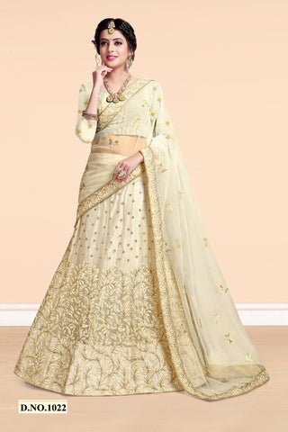 Cream Net Embroidered Lehenga Choli with Dupatta