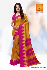 Plain Mustard Yellow with Pink Border Cotton Silk Uniform Saree