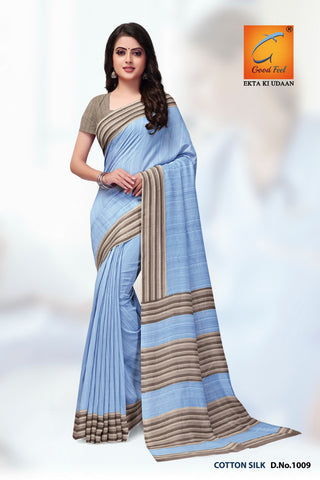 Sky Blue Plain Border Cotton Silk Uniform Saree