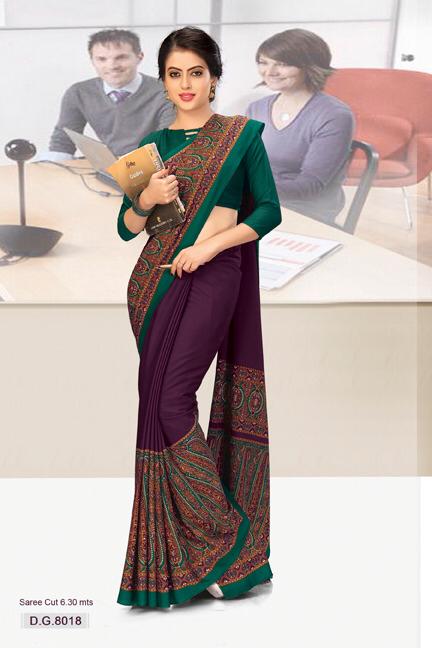 Plain Printed Border Purple Crepe Uniform Sarees For Teacher