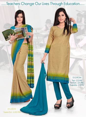 Beige Turquoise Border Plain Crepe Saree & Salwar Suit (Combo Uniform)