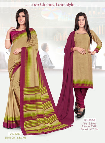 Beige Wine Border Plain Crepe Saree & Salwar Suit (Combo Uniform)