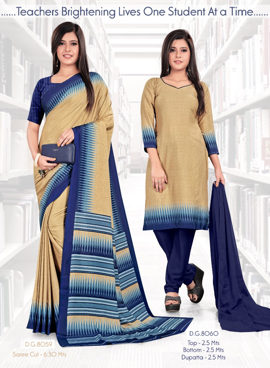 Beige Navy Blue Border Plain Crepe Saree & Salwar Suit (Combo Uniform)