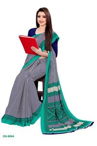 Blue Checks Printed Crepe Uniform Saree