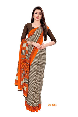 Orange Checks Printed Crepe Uniform Saree