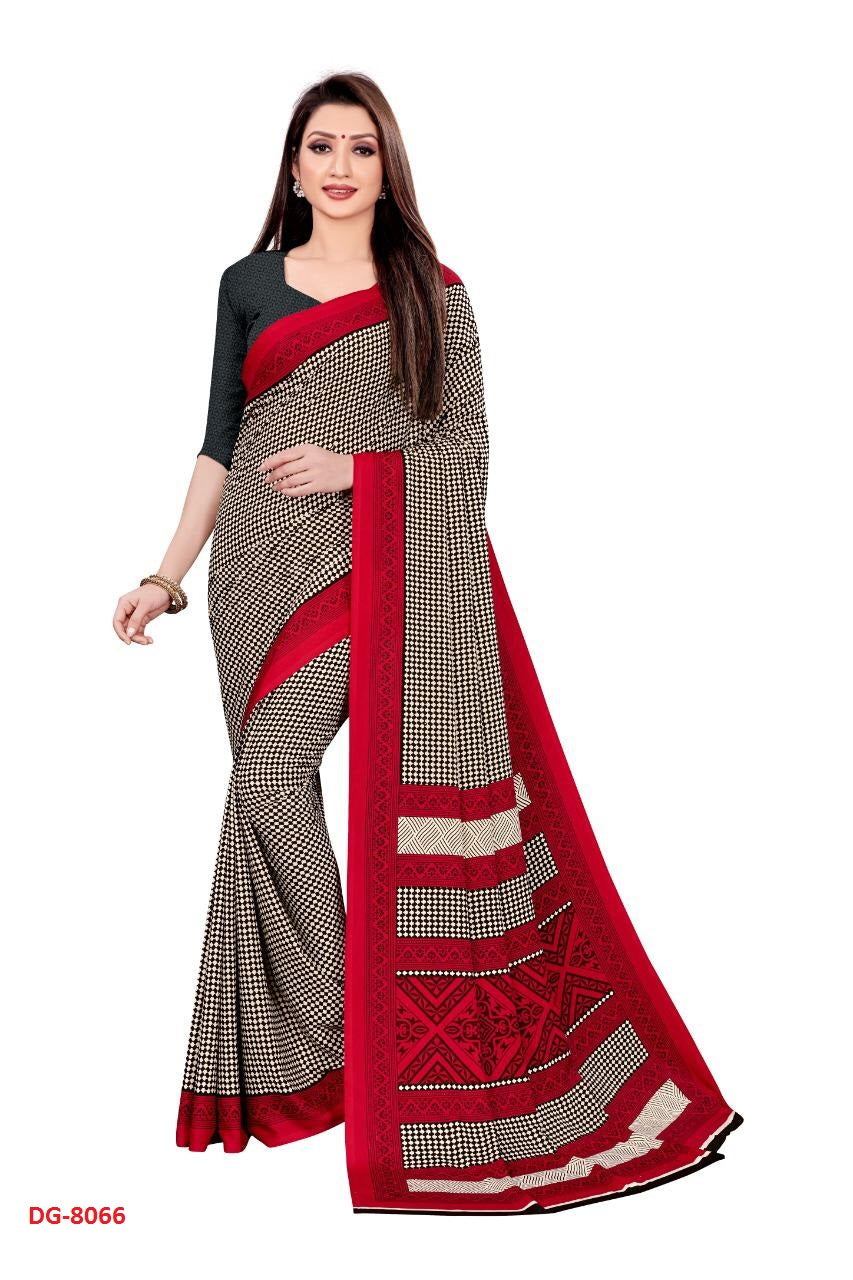 Red Checks Printed Crepe Uniform Saree