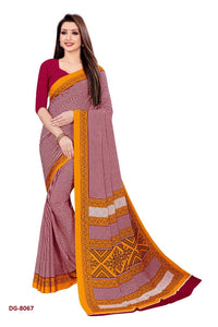 Yellow Checks Printed Crepe Uniform Saree for Teacher