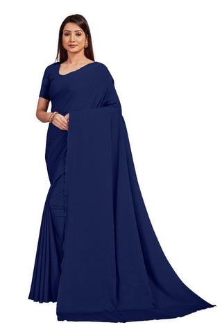 Plain Navy Blue Color Crepe Saree