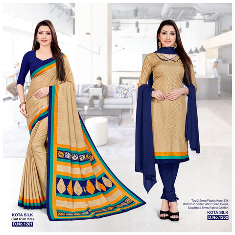 Beige Blue Plain Border Crepe Saree & Salwar Suit (Combo Uniform)