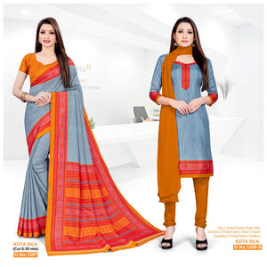 Plain Grey Kota Silk Uniform Saree Suit (Combo Uniform)