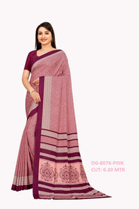 Calico Printed Pink Matt Crepe Uniform Saree