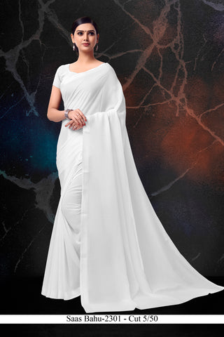 Plain White Chiffon Saree