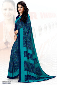 Floral Printed Blue Chiffon Uniform Sarees