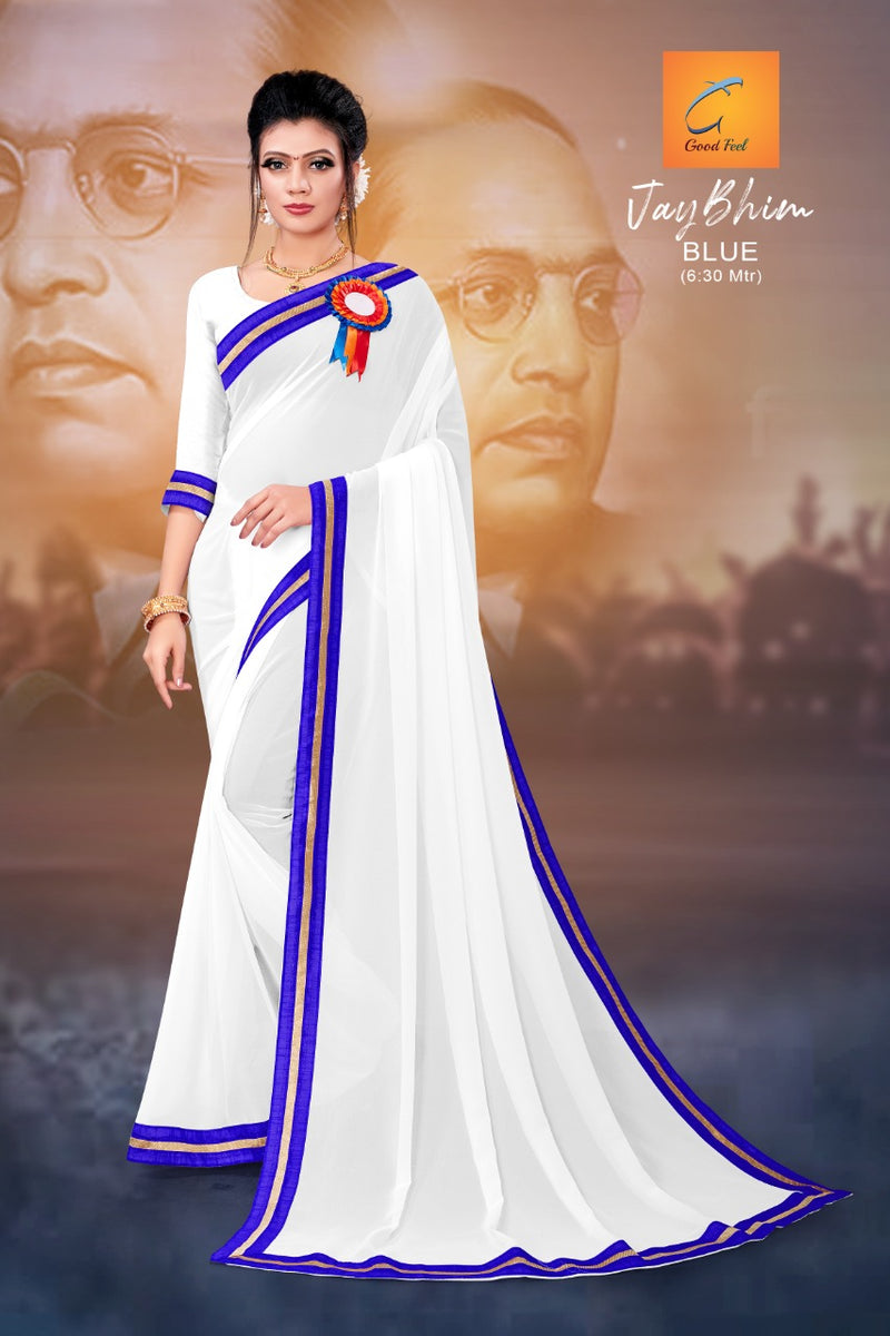 Plain White With Blue Border Georgette Saree (Jaibhim) – Satish Silk Mills