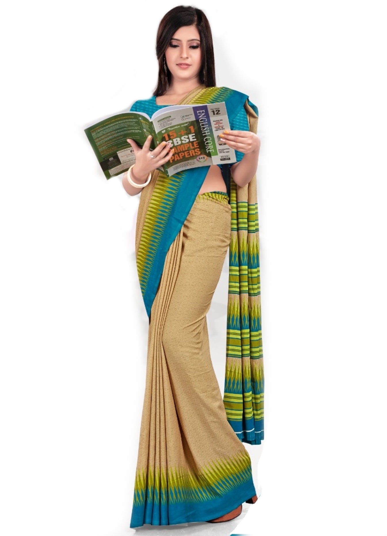 Printed Border Beige And Turquoise  Crepe Uniform Sarees