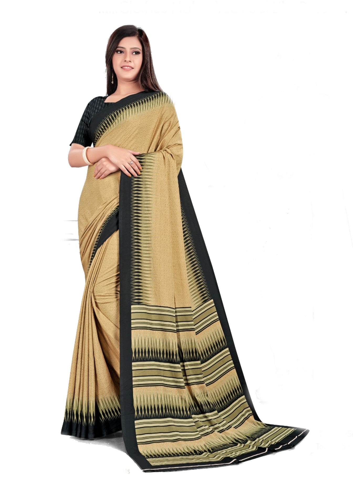 Printed Border Beige And Black Crepe Uniform Sarees