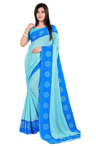 Sky Blue Plain With Blue Border Crepe Anganwadi Uniform Saree